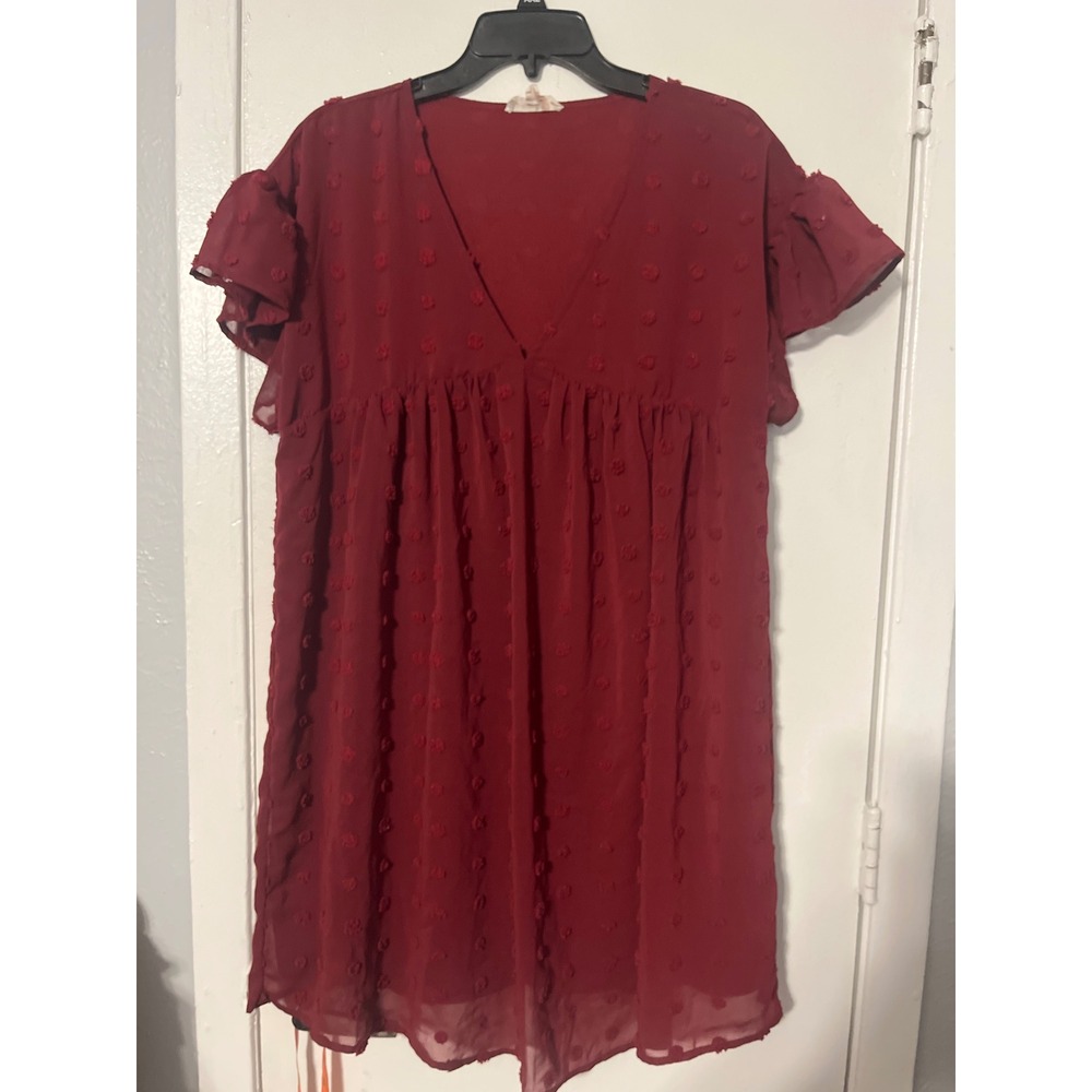 Entro Burgundy Swiss Dot Babydoll Mini Dress V-Neck Flutter Sleeve Large D14106